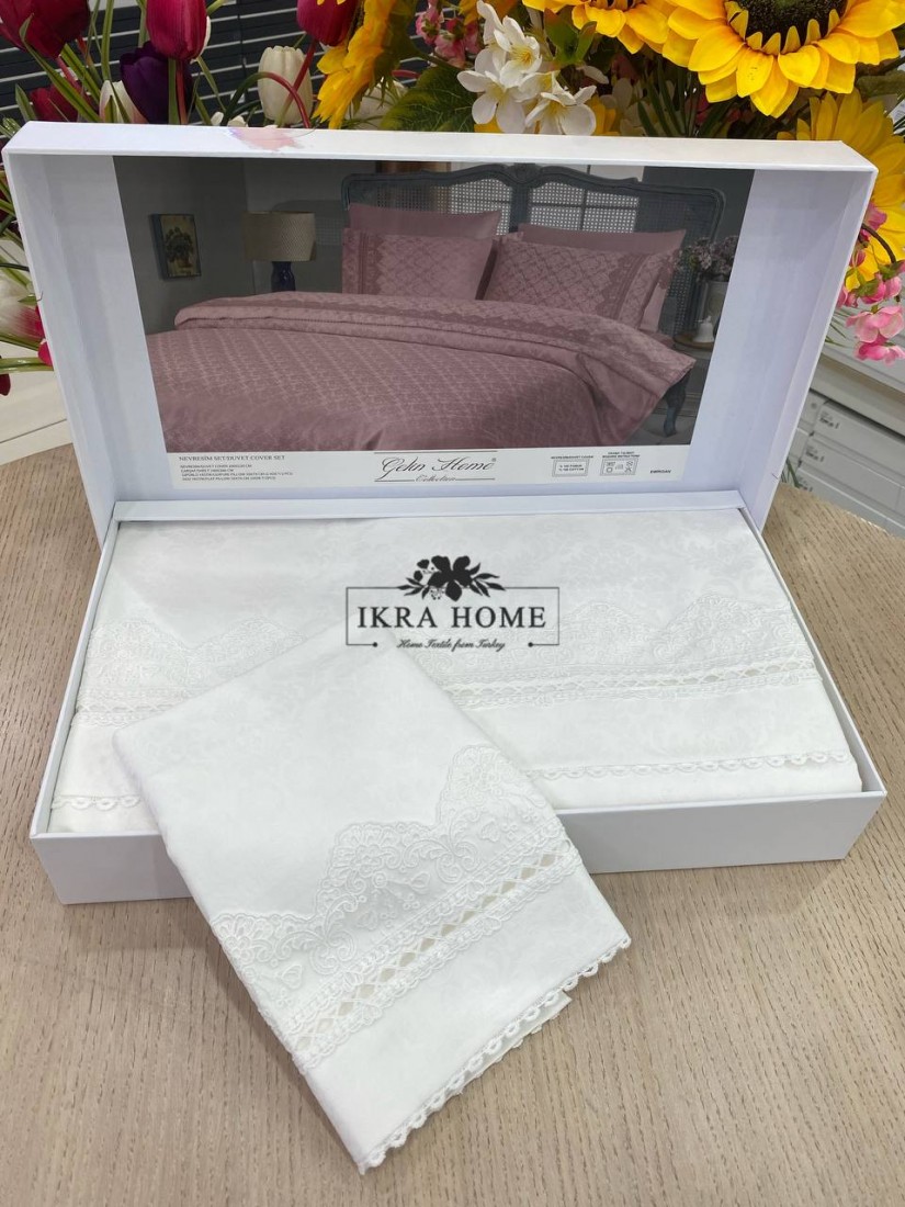 Gelin home deluxe saten  - Emirgan krem Двуспальное постельное белье с гипюровой отделкой -2021